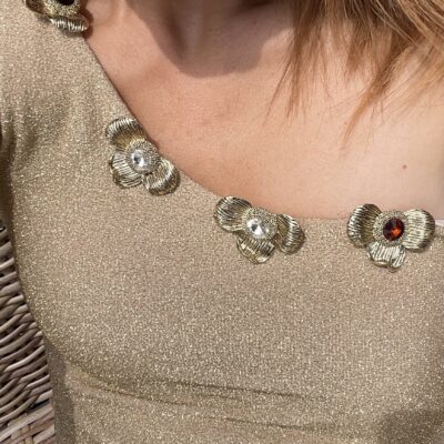 Clips Fleurs Jumelles - Or & cristal de verre blanc-