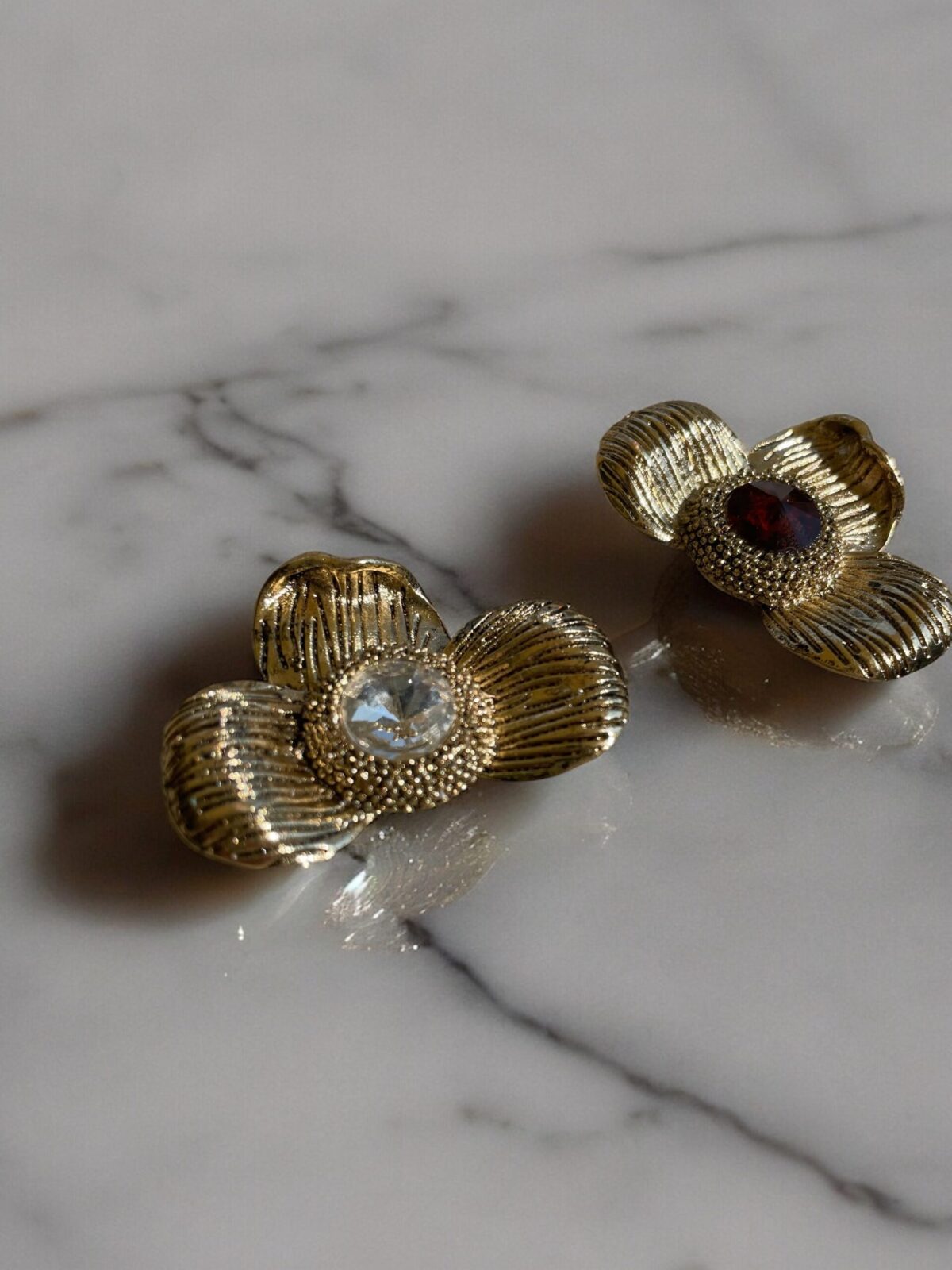 Clips Fleurs Jumelles - Or & cristal de verre blanc-