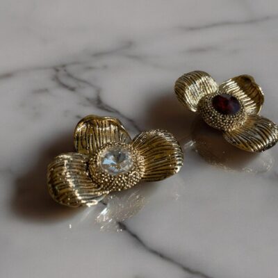Clips Fleurs Jumelles - Or & cristal de verre blanc-