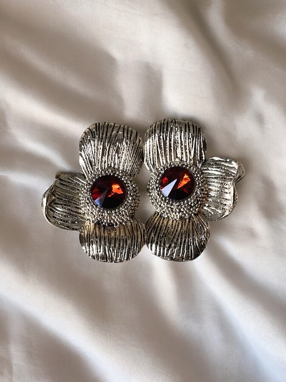 Clips Fleurs Jumelles - Or & pierre Brune-